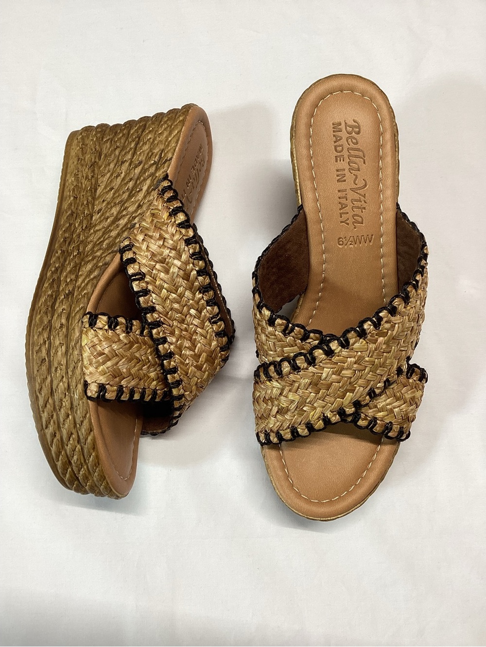 Bella Vita Natural Woven Platform Slide Sandals with Black Trim